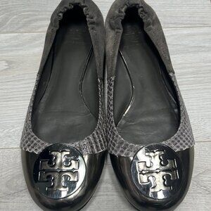 Tory Burch Croc Reva Ballet Flat Silver Sz 8